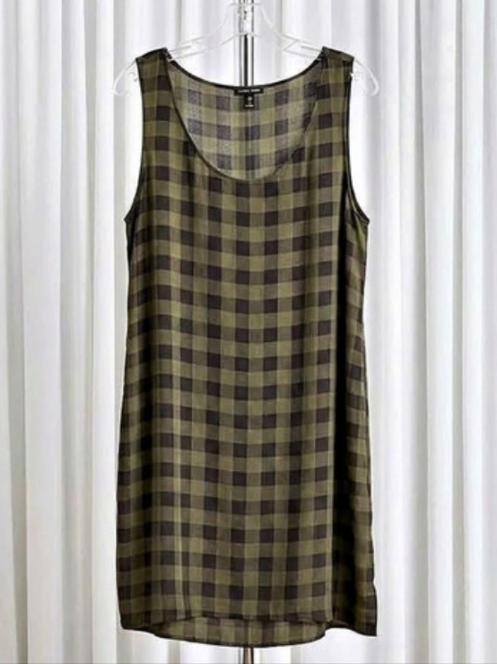EILEEN FISHER Silk Buffalo Plaid Tunic Dress Tank Top Green & Black XL
